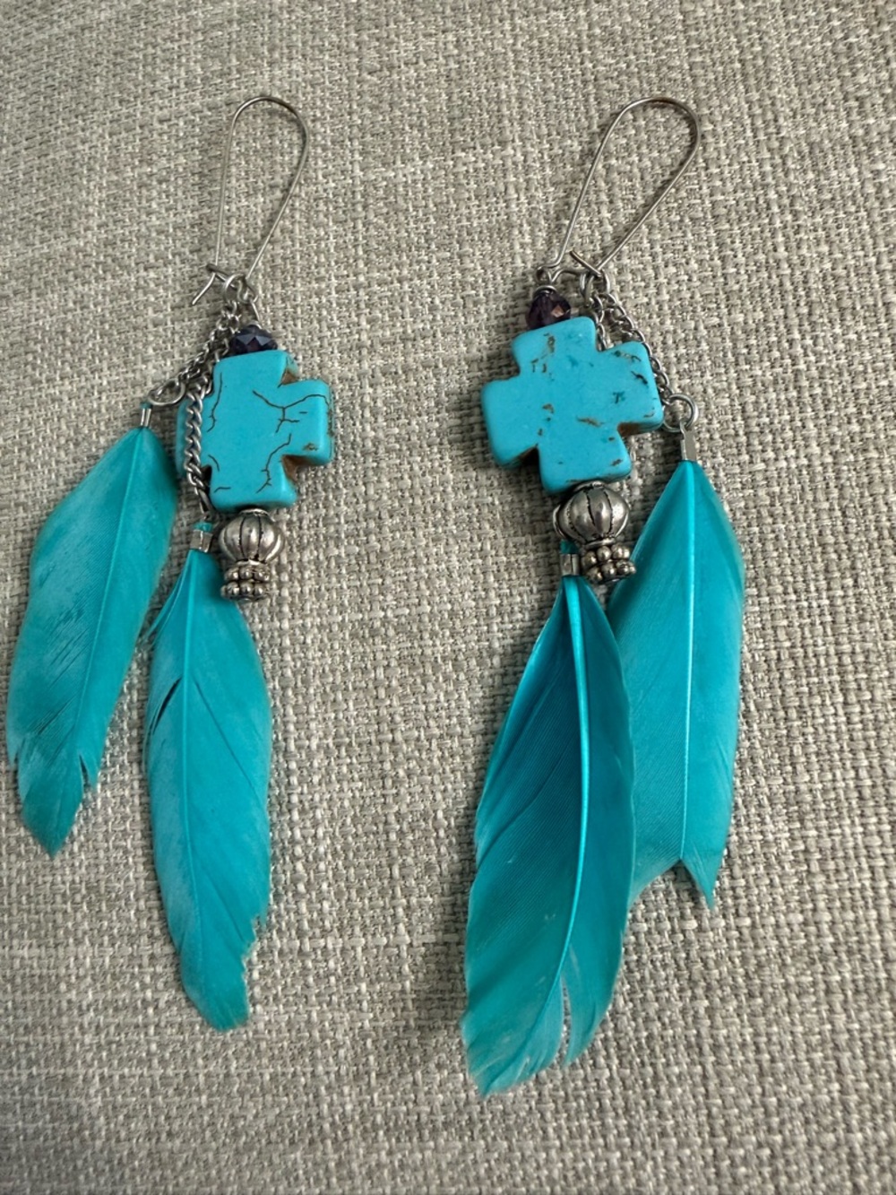 Turquoise Feather Cross Drop Earrings